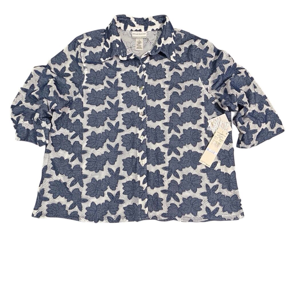 Alfred Dunner Mesh Overlay Button-Up Shirt Petite XL Blue Bayou Floral Appliqués - Picture 5 of 7